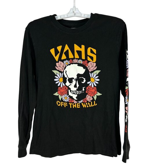 Vans Off The Wall Size Small Skull And Floral Long Sleeve Black Graphic Shirt - Picture 1 of 4